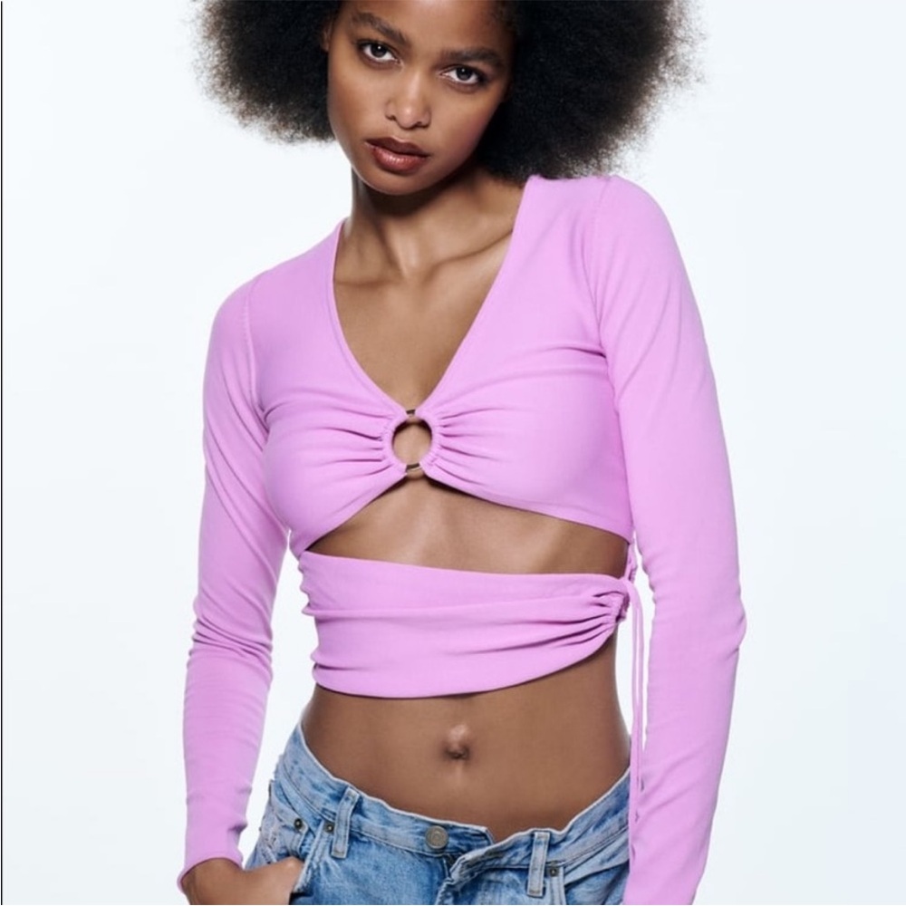 NEW! RARE ZARA knit purple pink stretchy V-neck long sleeve crop top! Size Med